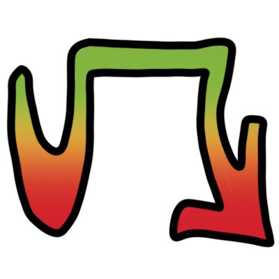 a glyph, showing a dip that regains height, a straight line from the end of the dip, and the line then descending again, ending in an arrow pointing downwards. it's colored in a gradient - green at the top, red at the bottom, and yellow in the middle.